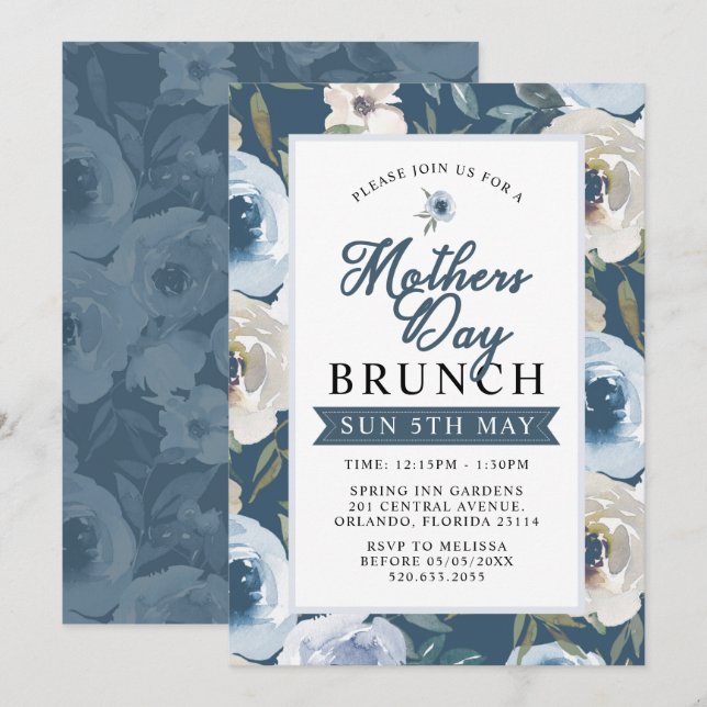 Dusty Blue Floral Día de la Madre Invitación a Bru (Anverso / Reverso)