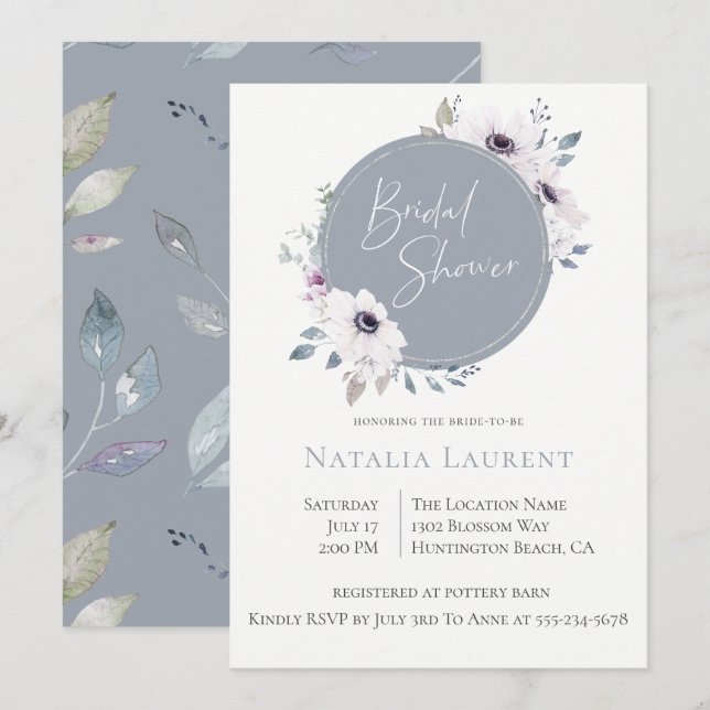 Dusty Blue Floral Frame Bridal Shower Invitación (Anverso / Reverso)