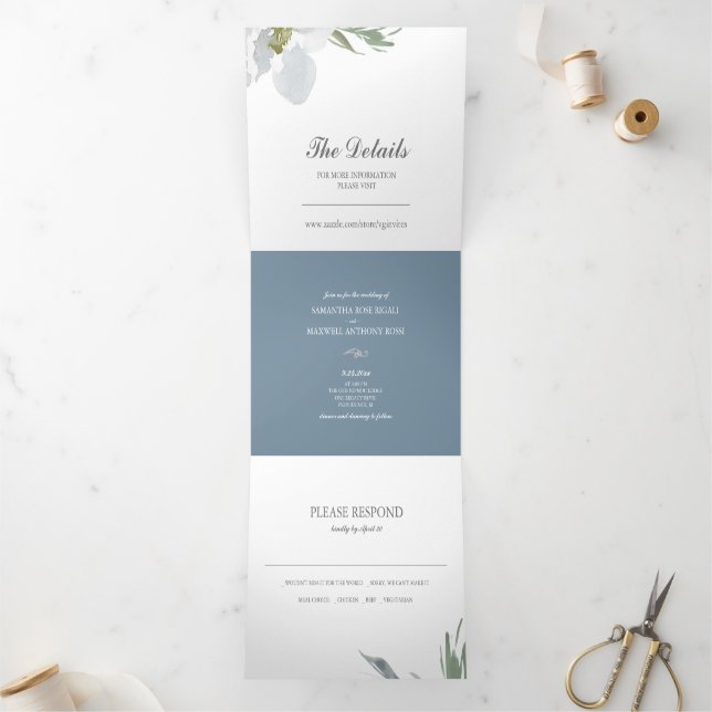 Dusty Blue Floral Greenery Triple Invitación de bo (Interior)