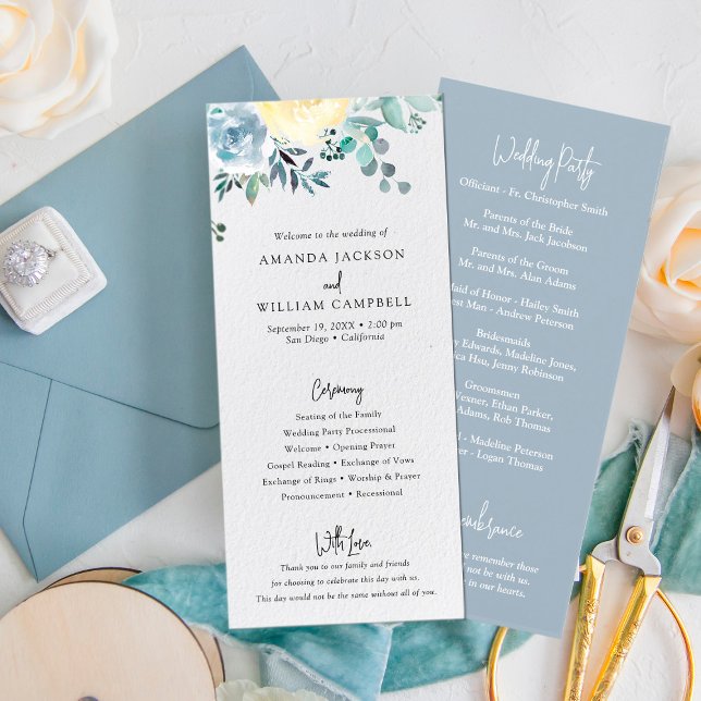 Dusty Blue Floral Greenery Wedding Program (Subido por el creador)