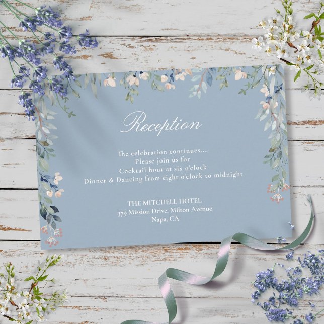 Dusty Blue Floral Greenery Wedding Recepción (Dusty Blue Floral Greenery Wedding Reception Enclosure Card)