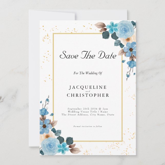 Dusty Blue Floral Guardar La Invitación De Boda De (Anverso)