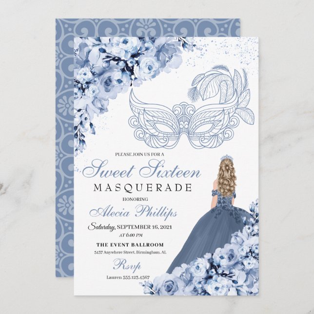 Dusty Blue Floral Masquerade Dulce 16 Invitación (Anverso / Reverso)