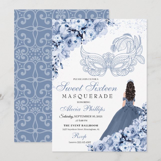 Dusty Blue Floral Masquerade Dulce 16 Invitación (Anverso / Reverso)