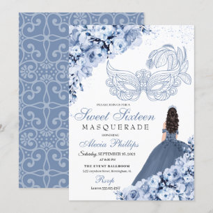 Dusty Blue Floral Masquerade Dulce 16 Invitación