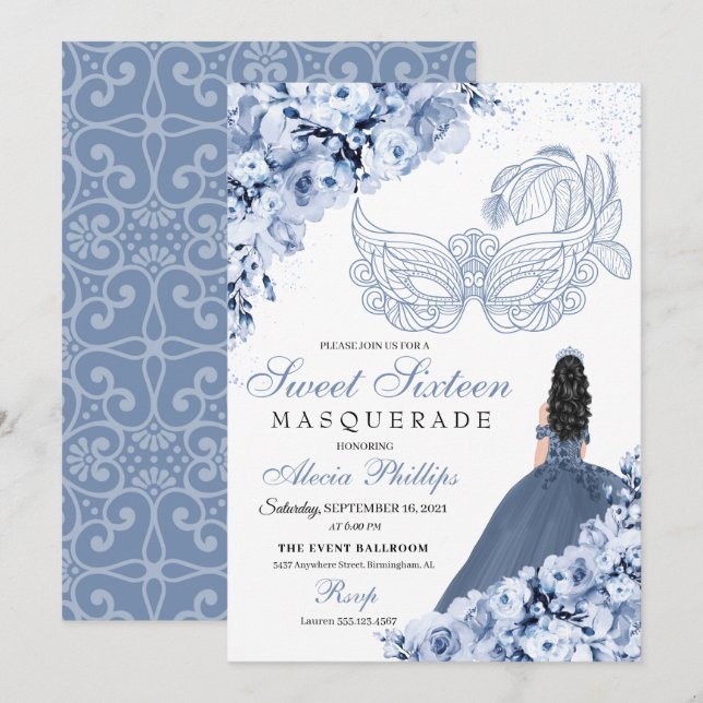 Dusty Blue Floral Masquerade Dulce 16 Invitación (Anverso / Reverso)