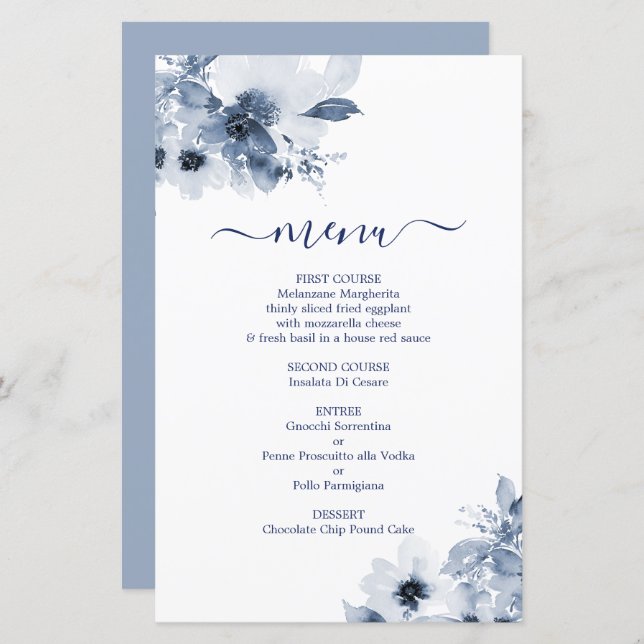 Dusty Blue Floral Menu Card (Anverso / Reverso)