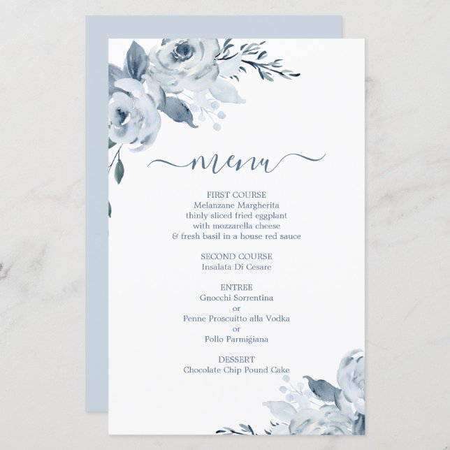 Dusty Blue Floral Menu Card (Anverso / Reverso)
