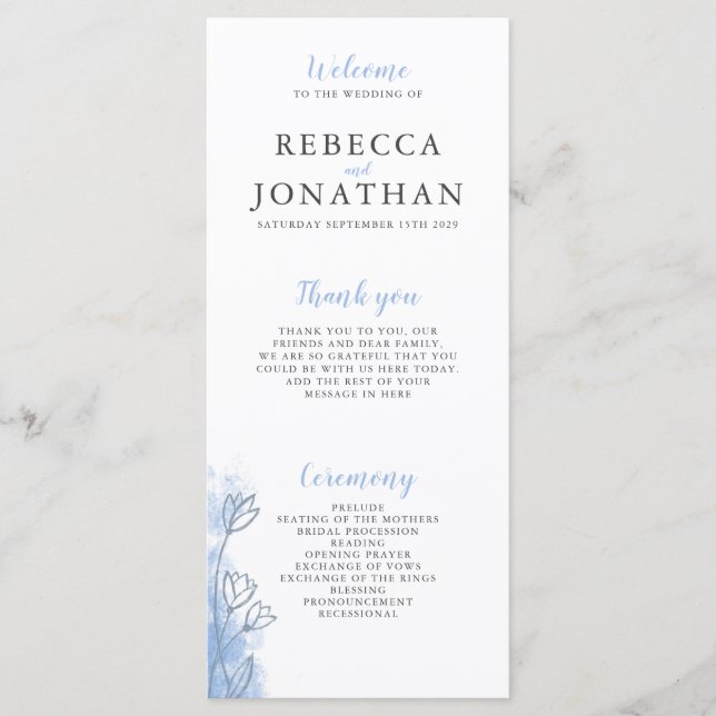 Dusty Blue Floral Modern Wedn Program Card (Anverso)