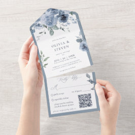 Dusty Blue Floral QR Code Todo En Una Invitación