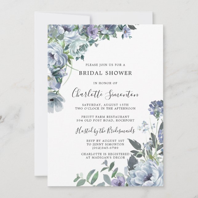 Dusty Blue Floral Rustic Bridal Shower Invitación (Anverso)