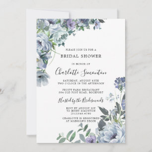 Dusty Blue Floral Rustic Bridal Shower Invitación