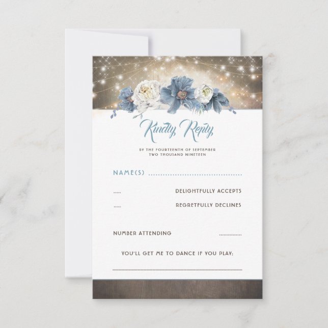 Dusty Blue Floral Rustic Wedding RSVP (Anverso)
