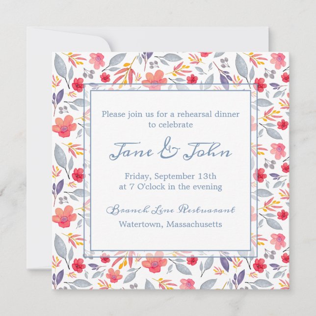 Dusty Blue Floral Square Invitación (Anverso)