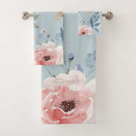 Dusty Blue Floral Watercolor Garden Pink Blooms