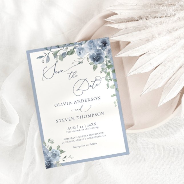 Dusty Blue Floral Wedding Guardar la invitación de (Subido por el creador)