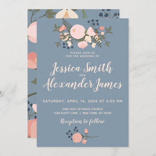 Dusty Blue Floral Wedding Invitación Rubor Pink (Anverso / Reverso)