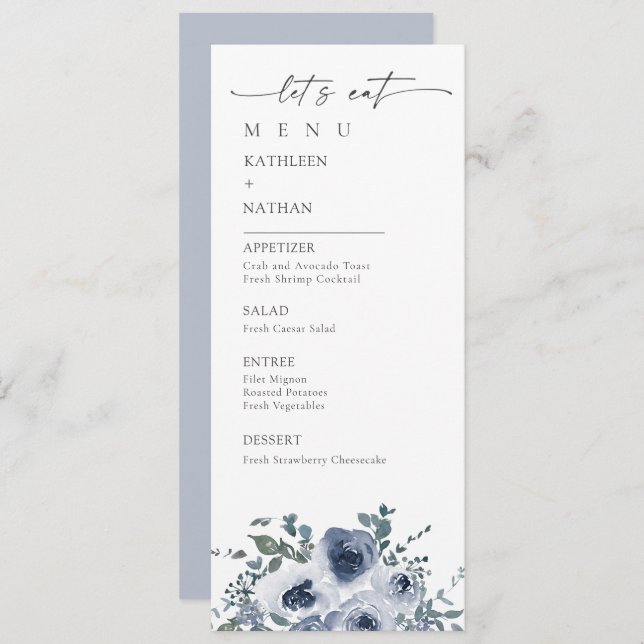 Dusty Blue Floral Wedding Menu (Anverso / Reverso)