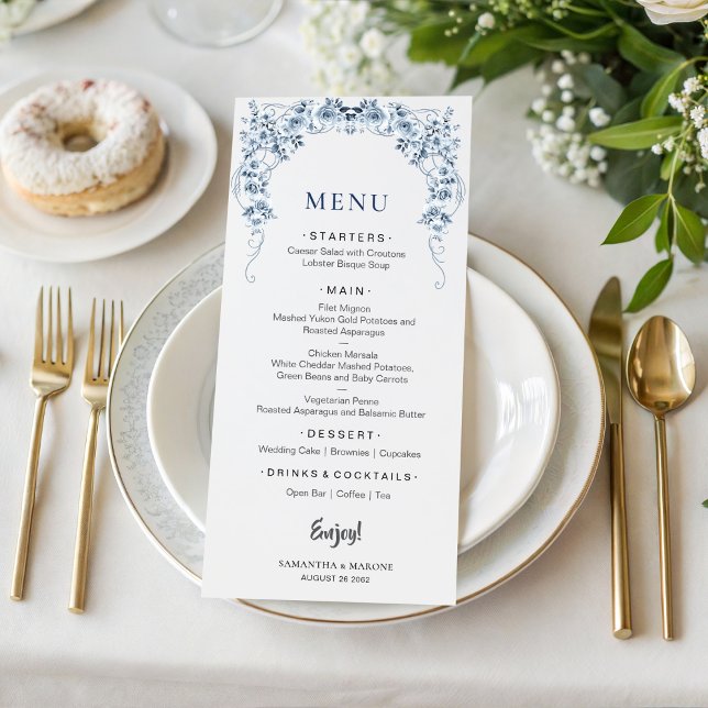 Dusty Blue Floral Wedding Menu | Elegant Bow Roses (Subido por el creador)