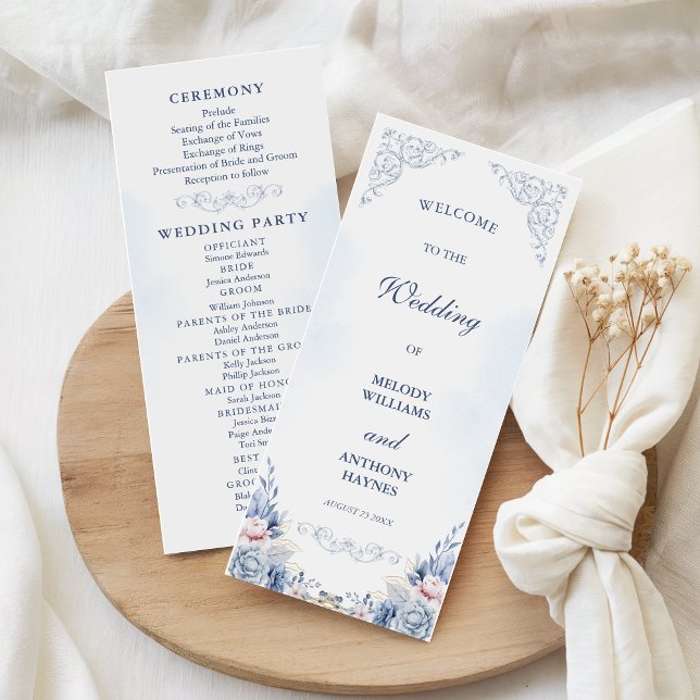 Dusty Blue Floral Wedding Program Fan (Subido por el creador)