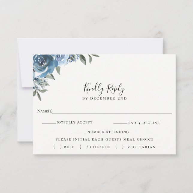 Dusty Blue Floral Wedding RSVP Comida Tarjeta de E (Anverso)
