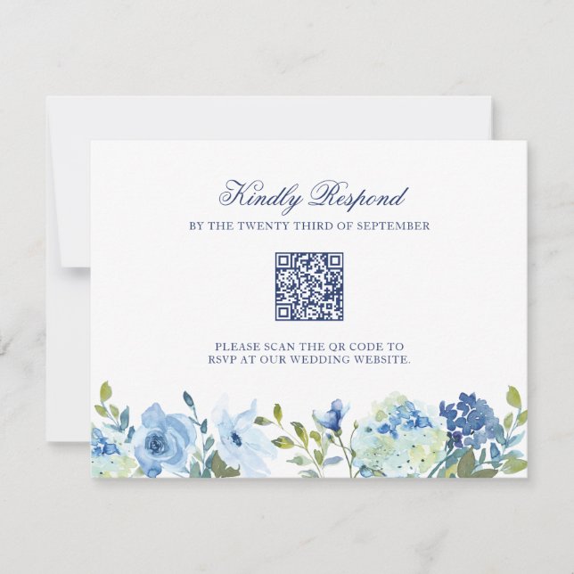 Dusty Blue Floral Wedding Tarjeta RSVP con código  (Anverso)