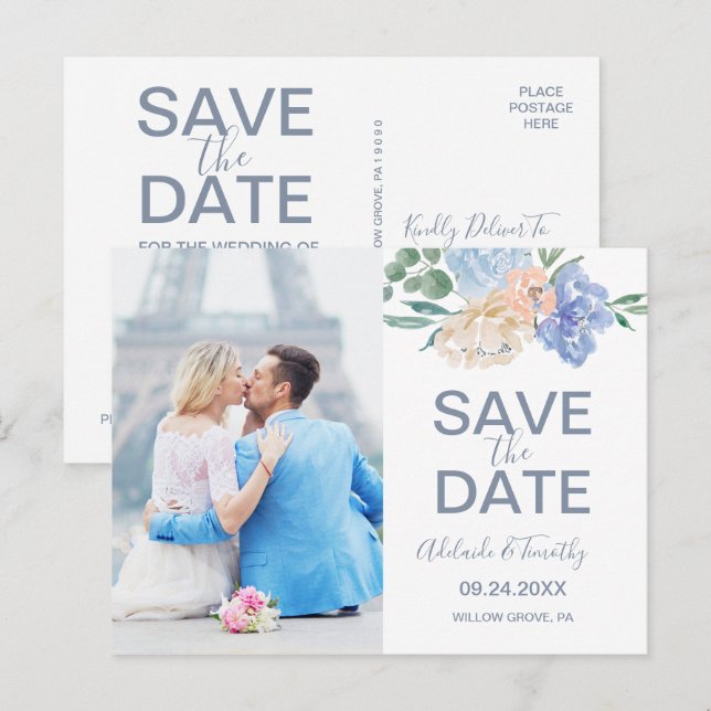 Dusty Blue Florals Foto Salven la tarjeta postal d (Anverso / Reverso)