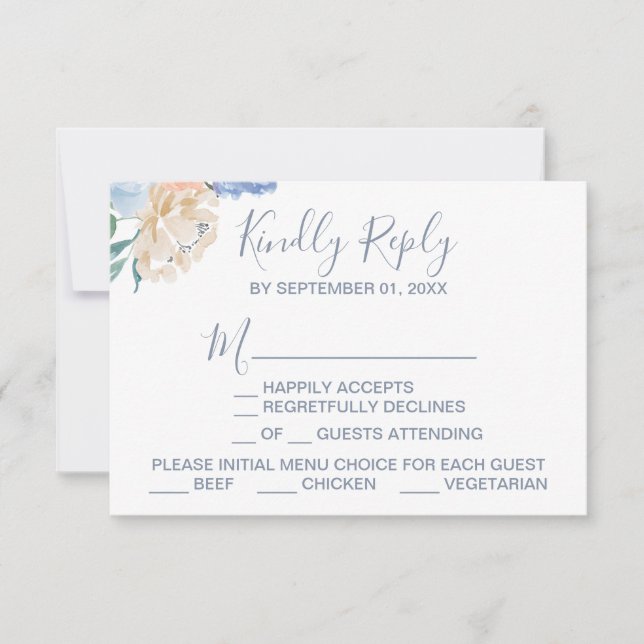 Dusty Blue Florals Menú Tarjeta RSVP de elección (Anverso)