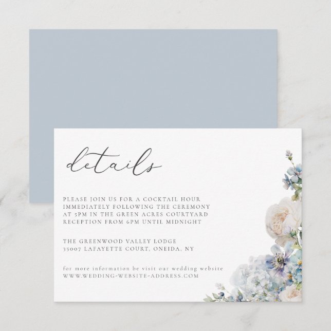 Dusty Blue Garden Floral Boda Tarjeta de detalles (Anverso / Reverso)