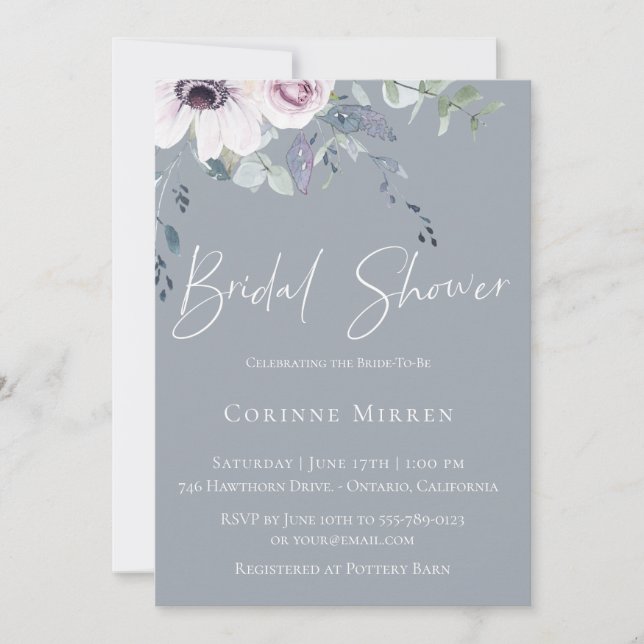 Dusty Blue Garden Floral Bridal Shower Invitación (Anverso)