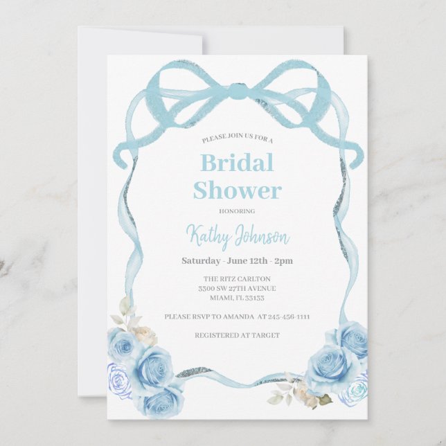 Dusty Blue Gingham Bow Bridal Shower Invitación (Anverso)