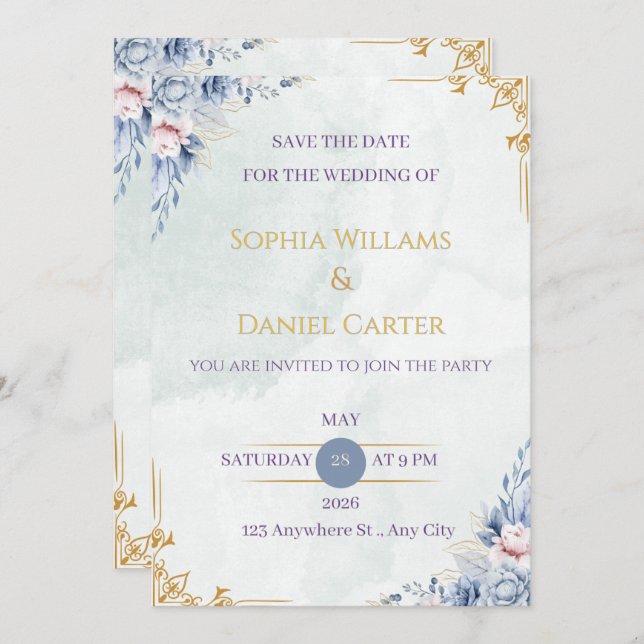 Dusty Blue Gold Floral Wedding Invitation Template (Anverso / Reverso)