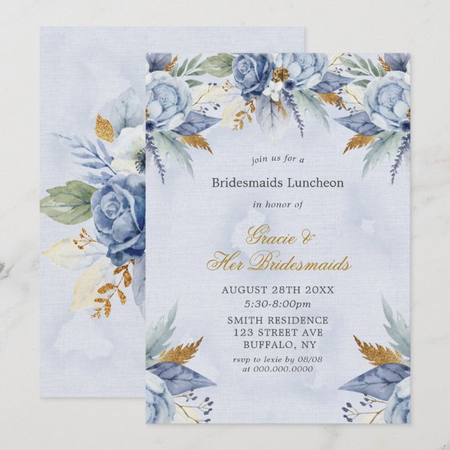Dusty Blue Gold Peony Bridesmaids Luncheon (Anverso / Reverso)