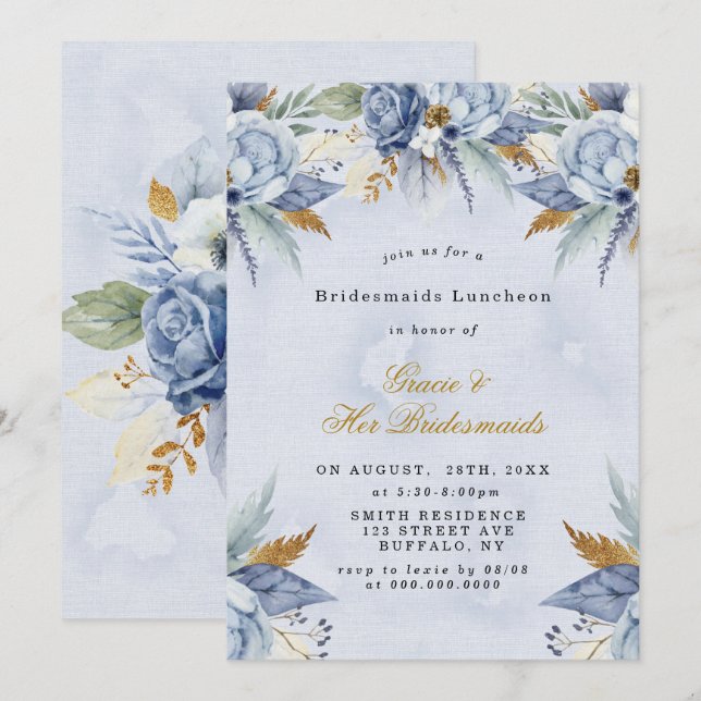 Dusty Blue Gold Peony Bridesmaids Luncheon (Anverso / Reverso)
