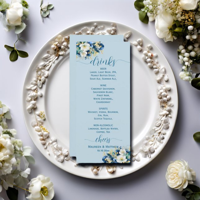 Dusty Blue Gold Purpurina Floral Boda Bar Menú (Subido por el creador)