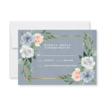 Dusty Blue Gold Rubor Peach Wedding Tarjetas RSVP