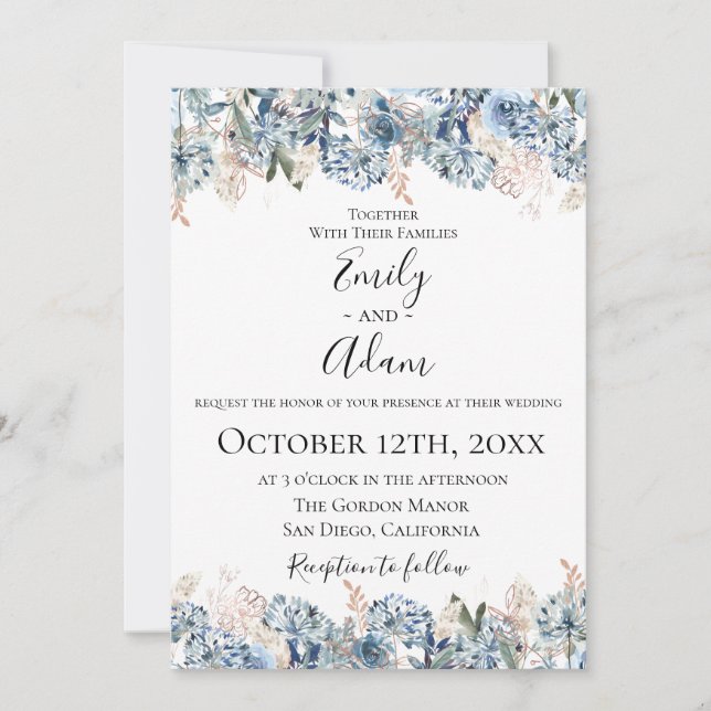 Dusty Blue Golden Botanical Wedding Invitación (Anverso)