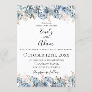 Dusty Blue Golden Botanical Wedding Invitación