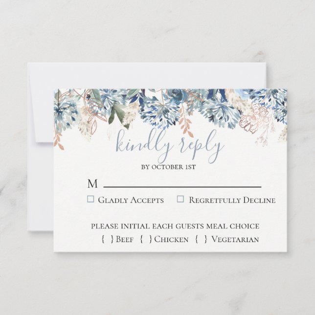 Dusty Blue Golden Botanical Wedding Tarjeta RSVP (Anverso)