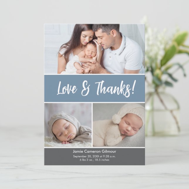 Dusty Blue Gracias Invitación de fotos de bebé (Anverso de pie)