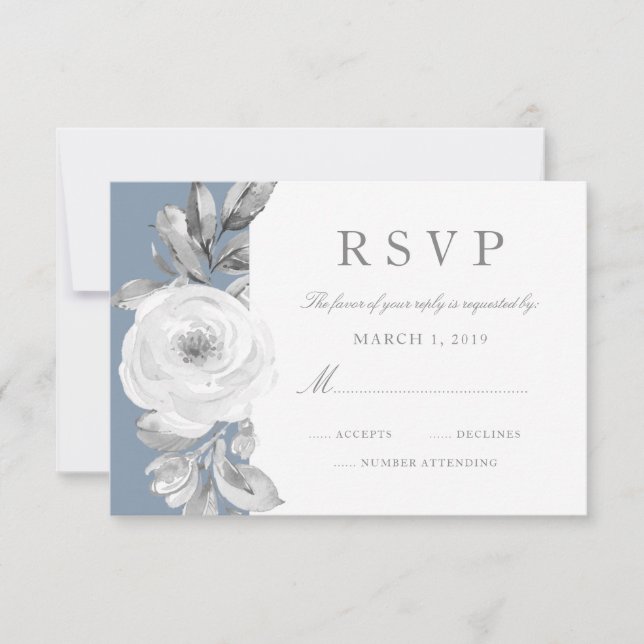 Dusty Blue Gray Floral Diamond Wedding RSVP (Anverso)