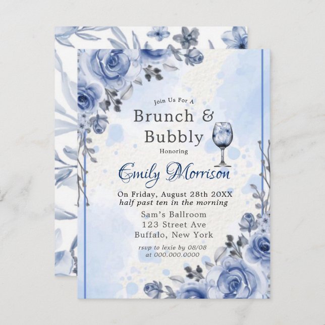 Dusty Blue Gray Peony Brunch & Bubbly Invitación (Anverso / Reverso)