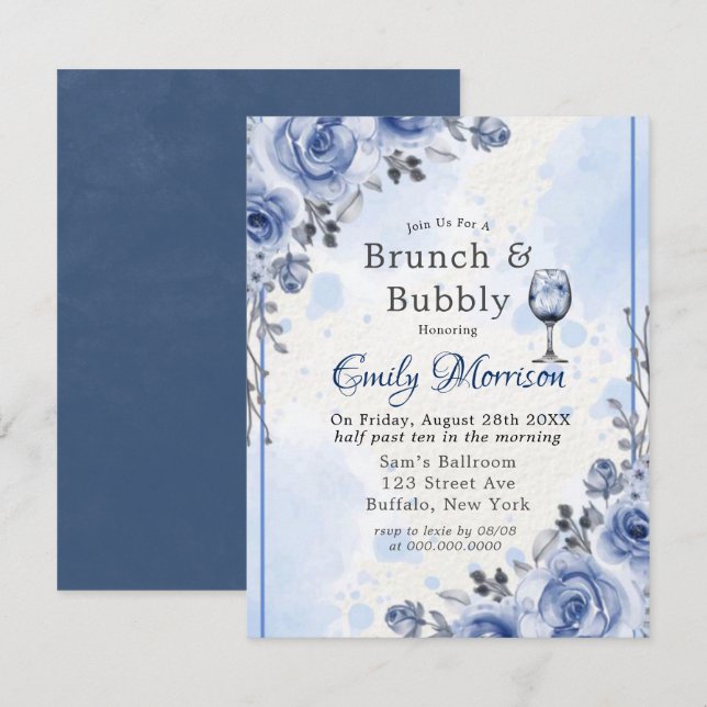 Dusty Blue Gray Peony Brunch & Bubbly Invitación (Anverso / Reverso)