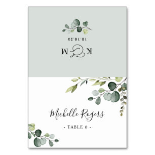 Dusty Blue Greenery Boda Tarjetas de Lugar plegada