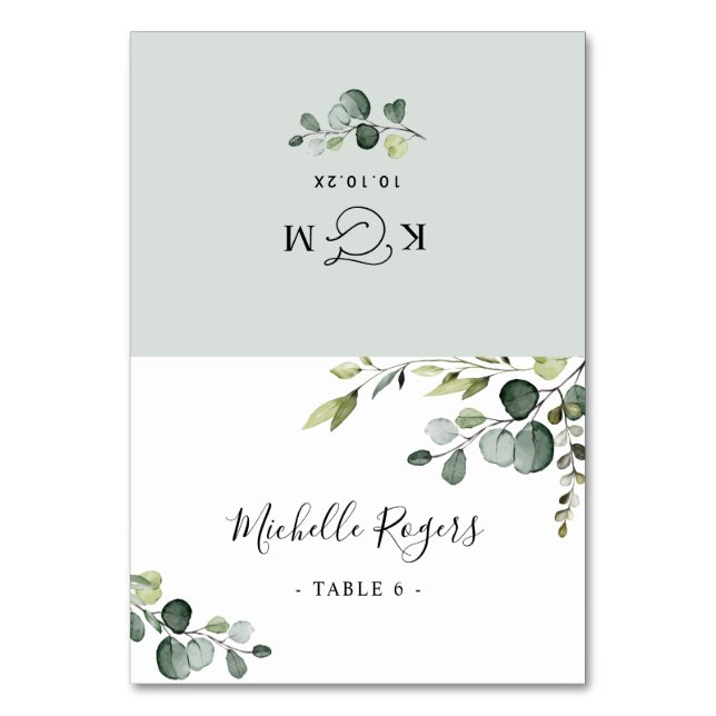 Dusty Blue Greenery Boda Tarjetas de Lugar plegada (Anverso)