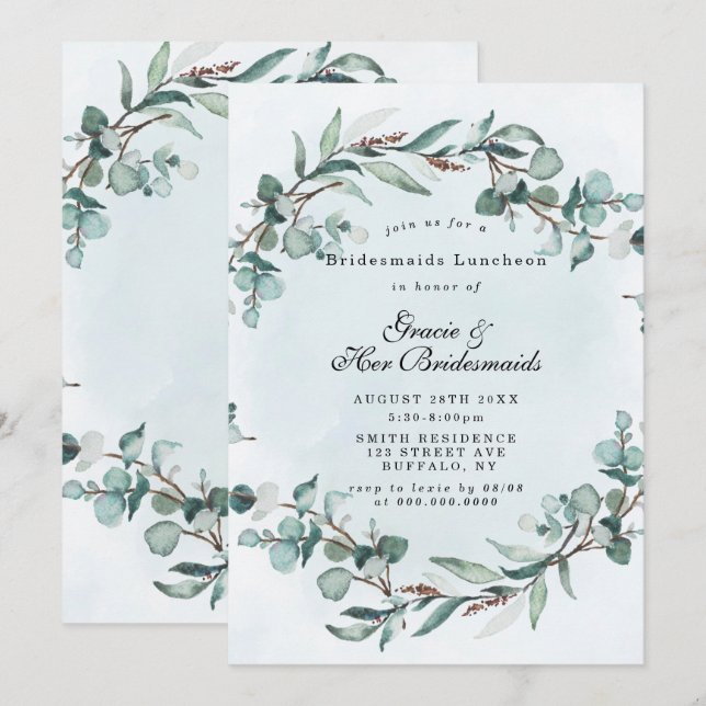 Dusty Blue Greenery Bridesmaids Luncheon Invita (Anverso / Reverso)