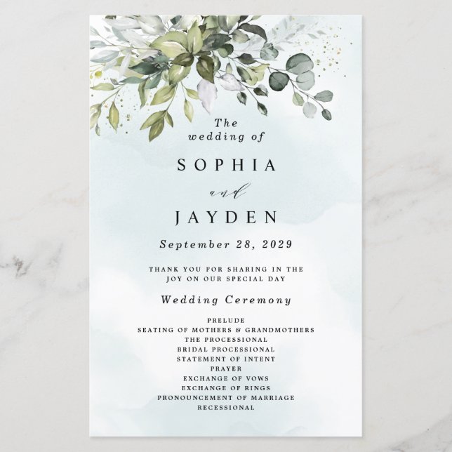 Dusty Blue Greenery Floral Programas de Bodas Rúst (Anverso)