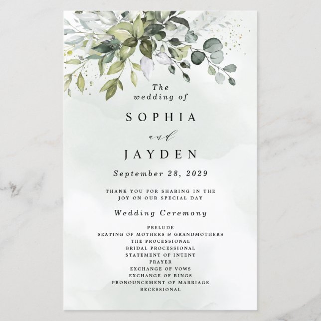 Dusty Blue Greenery Floral Programas de Bodas Rúst (Anverso)
