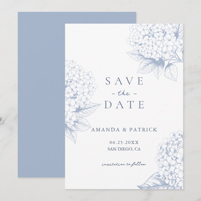 Dusty Blue Hydrangea Wedding Guardar la tarjeta de (Anverso / Reverso)