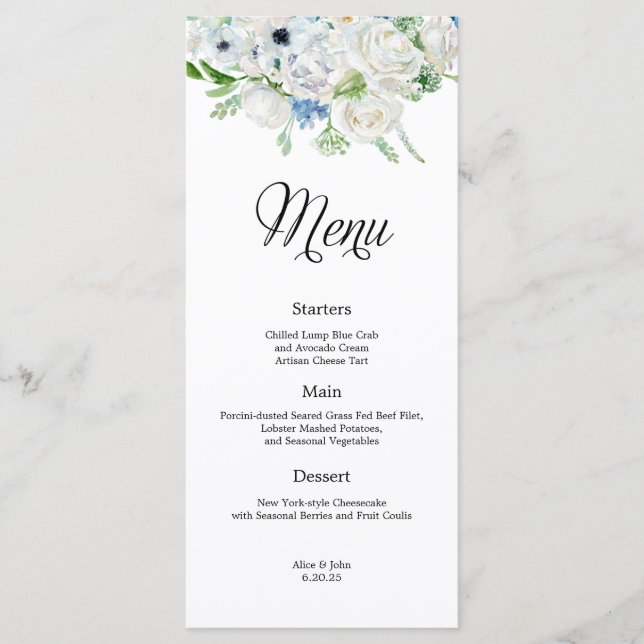 Dusty Blue Ivory Floral Boda Menú (Anverso)